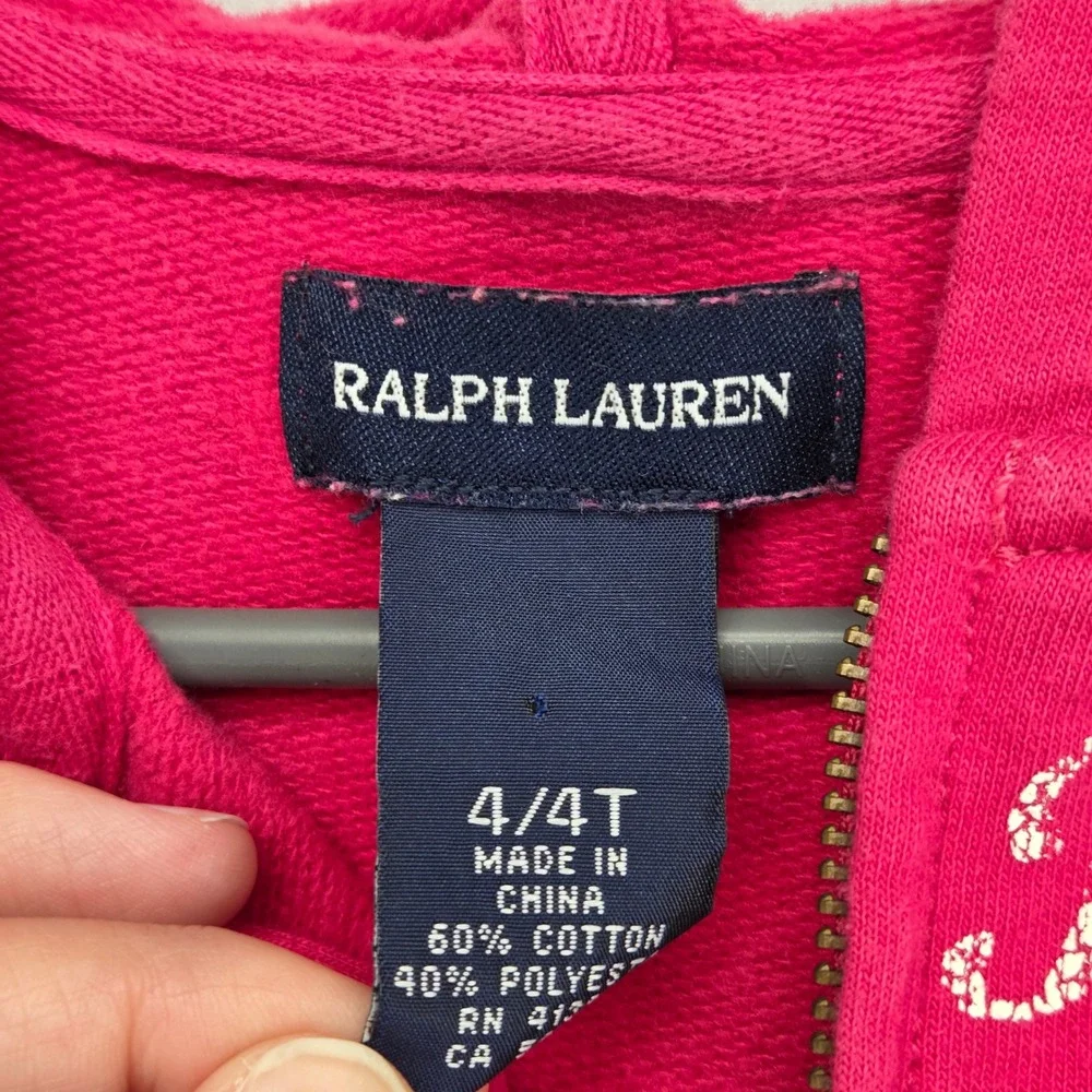 Ralph Lauren Girls 4T Zip Up Hoodie‎ Pink Graphic Sweatshirt Sleeve Stripes